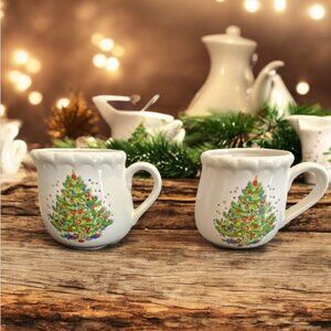 CHRISTMAS MUGS -- Set of 2, White, Decorated Christmas Tree, "Ruffled" Rim
